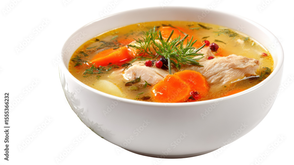 Delicious homemade chicken soup with vegetables in a white bowl, perfect for comforting meals. Delicious homemade chicken soup with vegetables in a white bowl, perfect for comforting meals.