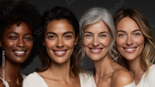 Four women of diverse ages and ethnicities smiling together in a close up portrait shot in studio
