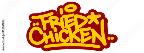 Vector graffiti tag illustration of the words "fried chicken" in bold yellow with red line accents. Hand-drawn street art lettering on transparent background. Crispy, bold, and urban food-themed.