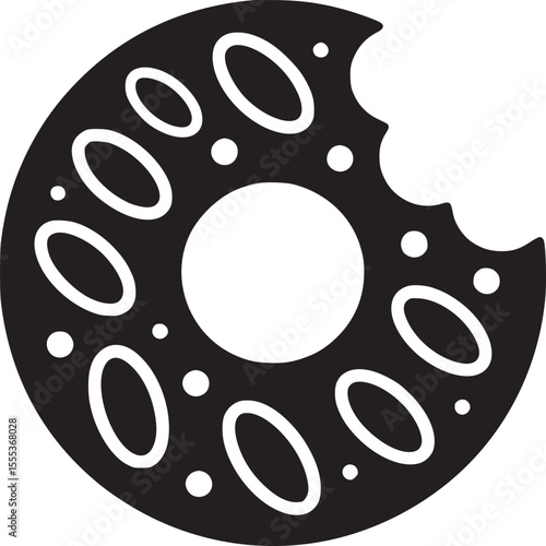A black and white graphic of a donut with a bite taken out and oval and dot decorations around it