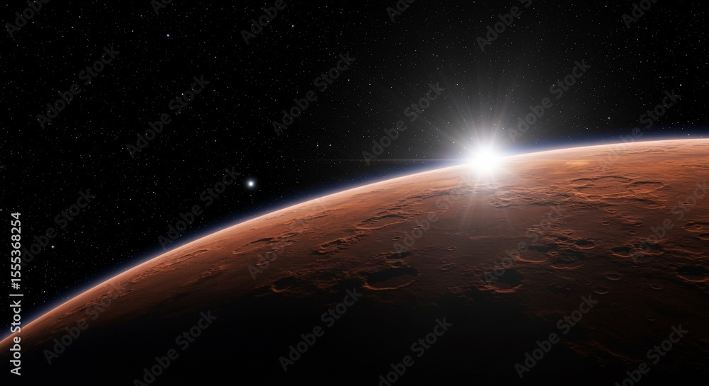 Obraz premium Sunrise Over Mars A Red Planet Horizon with Distant Stars