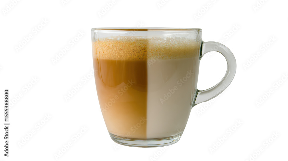 Naklejka premium Delicious latte coffee in a glass cup, layered with rich espresso and creamy milk foam.