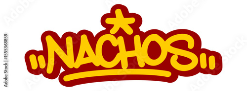 Vector graffiti tag illustration of the word "nachos" in bold yellow with red line accents. Hand-drawn street art lettering on transparent background. Crunchy, bold, and food-themed urban design.

