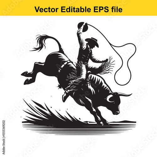 Dynamic Rodeo Scene: A Cowboy Rides a Bucking Bull in a Black and White Illustration