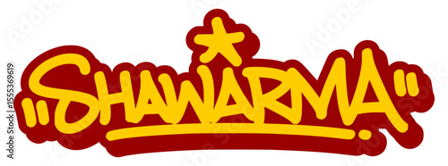 Vector graffiti tag illustration of the word "shawarma" in bold yellow with red line accents. Hand-drawn street art lettering on transparent background. Juicy, bold, and food-themed urban graffiti.