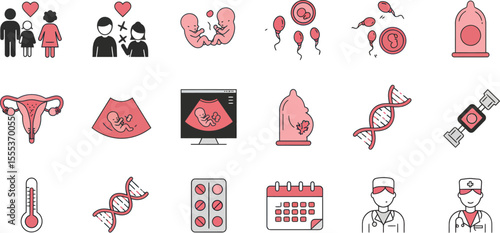 Reproductive Health & Medical Icons: Black & Pink Set