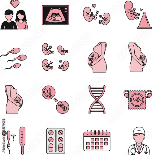 Reproductive Health & Medical Icons: Black & Pink Set