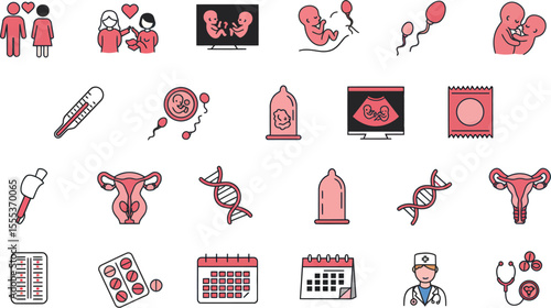Reproductive Health & Medical Icons: Black & Pink Set