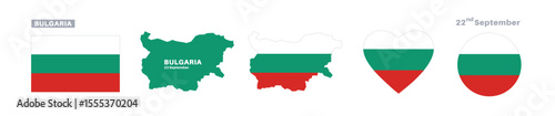 bulgaria flag and map set. bulgaria flag in official colors and proportions. independence day 22 september, map, circle and heart shaped bulgaria 
