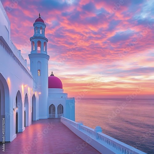 Coastal mosque at sunrise, pink dome, vibrant sky