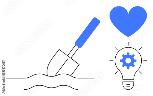 Gardening spade digging into soil, blue heart symbol for passion, and lightbulb with gear inside symbolizing innovation. Ideal for creativity, teamwork, progress, design, passion, projects simple