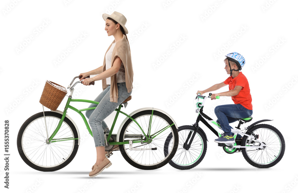 Fototapeta premium Woman and little boy riding bicycles on white background