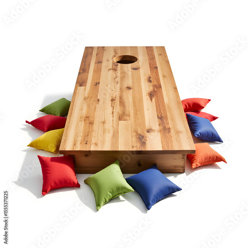 A wooden cornhole board with a weathered texture, surrounded by colorful bean bags, isolated on a white background, rustic style with warm sunlight casting gentle shadows, highly detailed