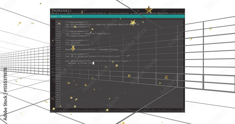 Fototapeta premium Code editor interface with floating golden stars image over grid lines