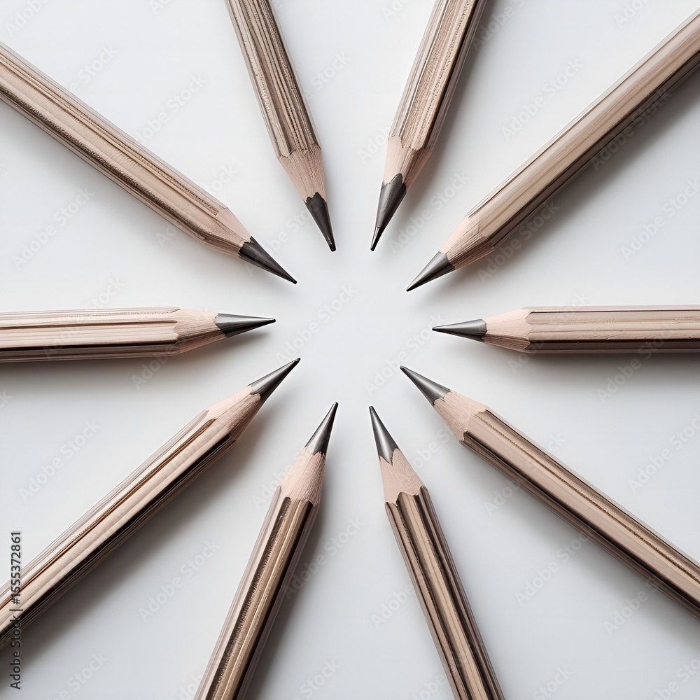 Obraz premium Closeup of sharpened pencils arranged in a perfect circle on white background, minimalistic school concept background copy space mockup aesthetic vintage