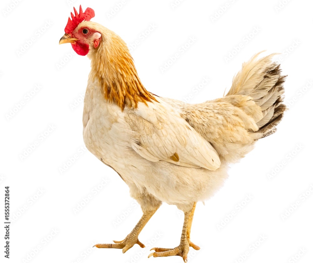 Fototapeta premium A lone brown farm hen stands on a white background, a studio shot capturing the isolated poultry bird