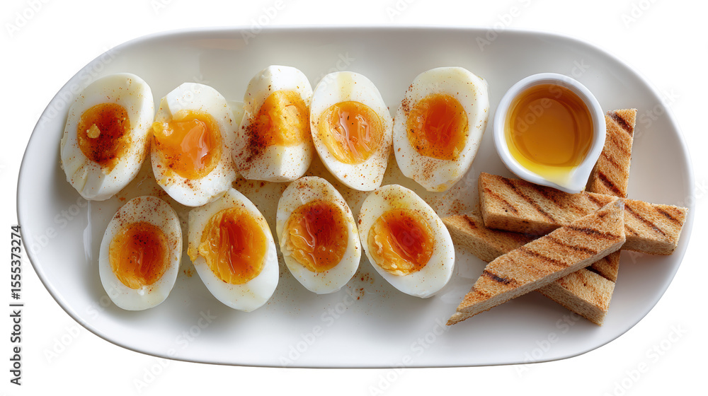 Delicious soft-boiled eggs with a rich, runny yolk served alongside crispy strips and a small bowl of syrup. Delicious soft-boiled eggs with a rich, runny yolk served alongside crispy strips and a small bowl of syrup.