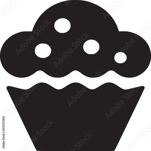 A simple black silhouette of a cupcake with frosting and sprinkles on a white background design element