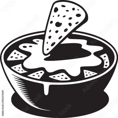 Black and white illustration of a bowl of nachos with a chip dipped in the cheese sauce