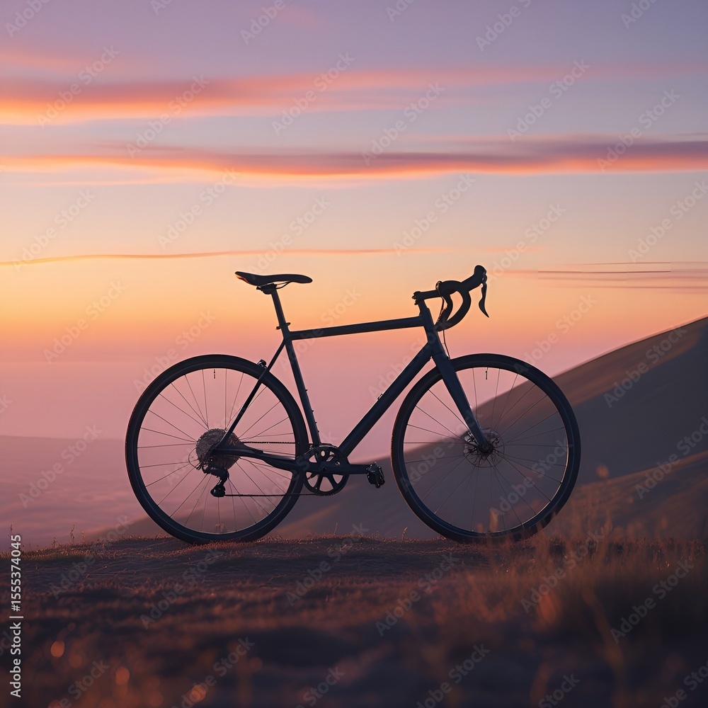 Fototapeta premium Bicycle silhouette parked on a hilltop during sunset, panoramic landscape with warm tones, peace background copy space