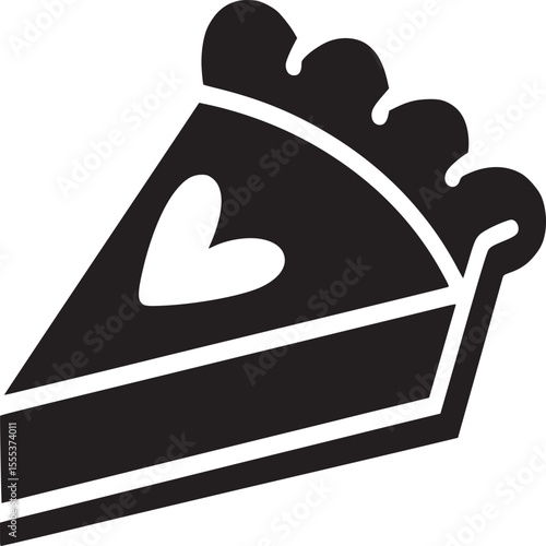 Isolated black silhouette of a slice of pie with a heart cutout on a white background design element
