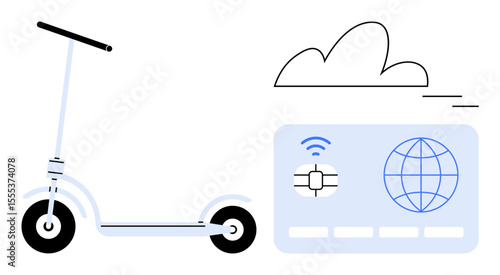 Electric scooter beside a smart card with a wireless chip and global icon under a cloud. Ideal for transport, mobility, technology, IoT, innovation, data sharing, urban commuting concepts. Simple