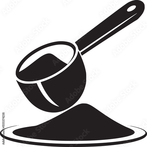 A black and white graphic of a scoop filled with powder over a pile on a plate in a simple design
