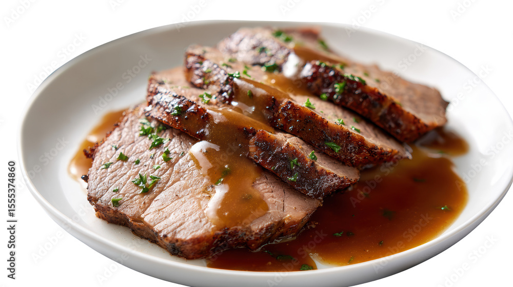 Sliced beef brisket served with rich gravy on a plate, garnished with parsley. Sliced beef brisket served with rich gravy on a plate, garnished with parsley.