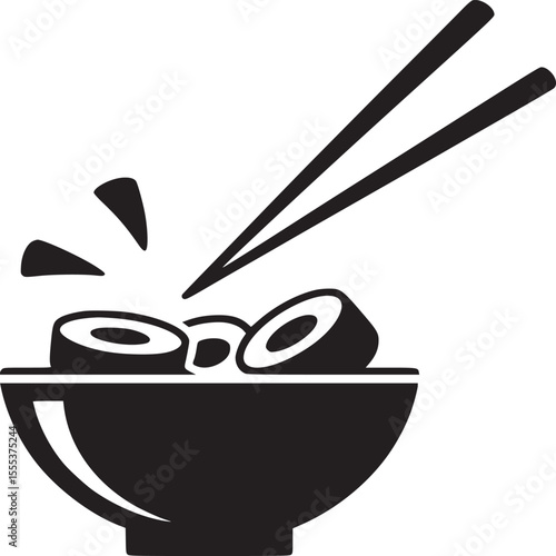 Black and white graphic of a bowl of sushi with chopsticks and three small splash marks above it