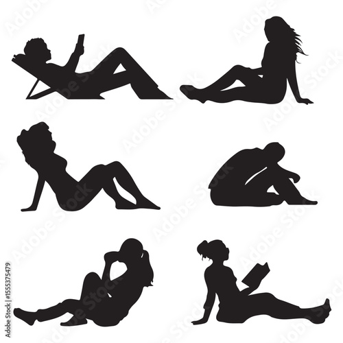 Silhouette vector art of people relaxing reading and using phone on beach vacation summer holiday vector