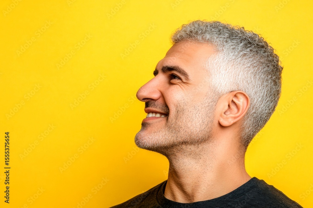 Obraz premium Modish men's buzz cut haircut - midlife middle eastern man with curly hair. Artwork of style for aging men. A professional studio photography session of a stunning man. Yellow solid backgroun.