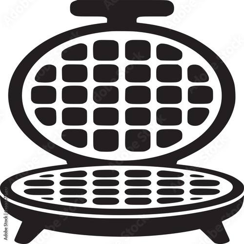 Isolated black and white graphic of an open waffle maker with a grid pattern on both sides of the appliance