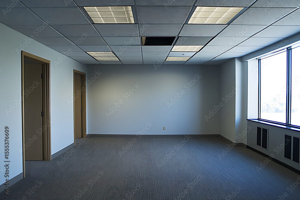Fototapeta premium Empty Office Space with Gray Carpet, Large Window, and Two Doors