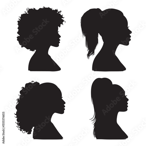 Black women hairstyles silhouette vector illustration afro ponytail bun curly straight hair beauty fashion design