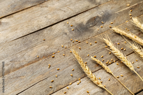 Wheat ears and grains on wo...