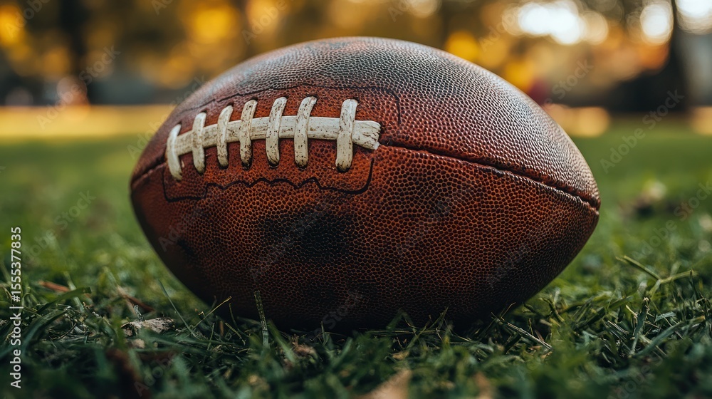 Obraz premium Close-up of a well-worn American football resting on a grassy field.