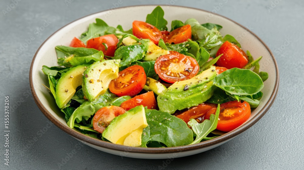 Fresh salad bowl with leafy greens, cherry tomatoes, and avocado, showcasing vibrant colors Fresh salad bowl with leafy greens, cherry tomatoes, and avocado, showcasing vibrant colors