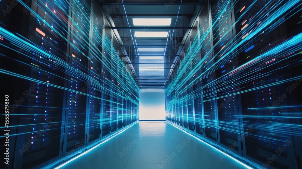 Obraz premium Server racks with flashing lights illustrate data transfer in a modern data center, showcasing futuristic technology and big data management