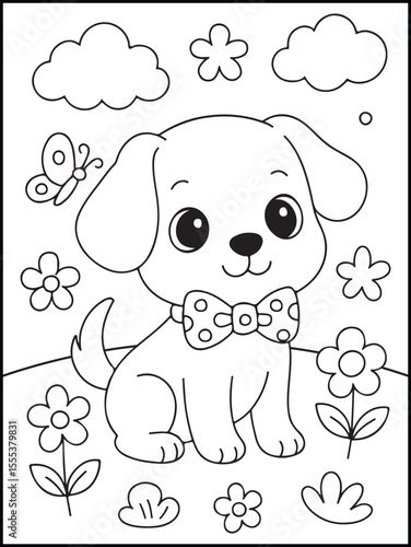 Cute Puppy with Flowers Coloring Page for Kids – Printable Dog Illustration. Perfect for preschoolers and kids to color at home, in class, or during art activities.
