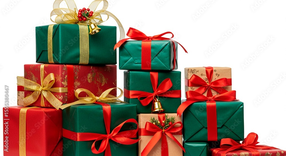 Fototapeta premium A stack of christmas presents wrapped in colorful paper with ribbons bows