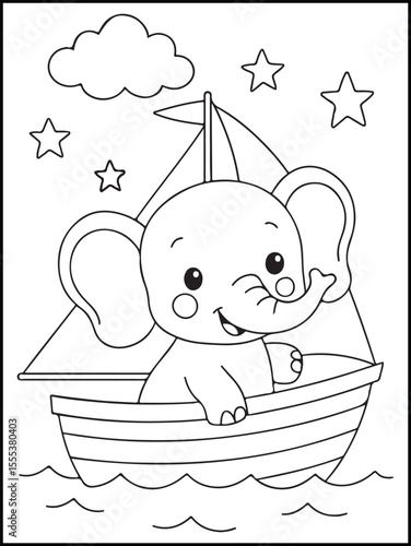 Cute Elephant Sailing Coloring Page – Printable Ocean Adventure Activity for Kids. Great for use in activity books, homeschool lessons, and travel-themed coloring sets.