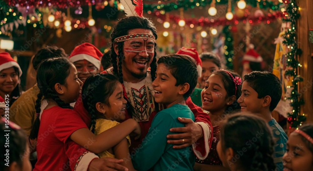 Fototapeta premium Man in native american costume surrounded by smiling children at christmas