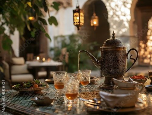 moroccan courtyard tea setting warm golden light intricate details ornate lanterns
