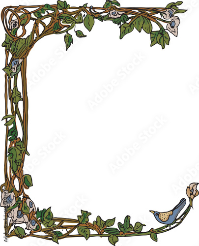 Medieval style illuminated manuscript border, frame with green vines, branches and blue bird