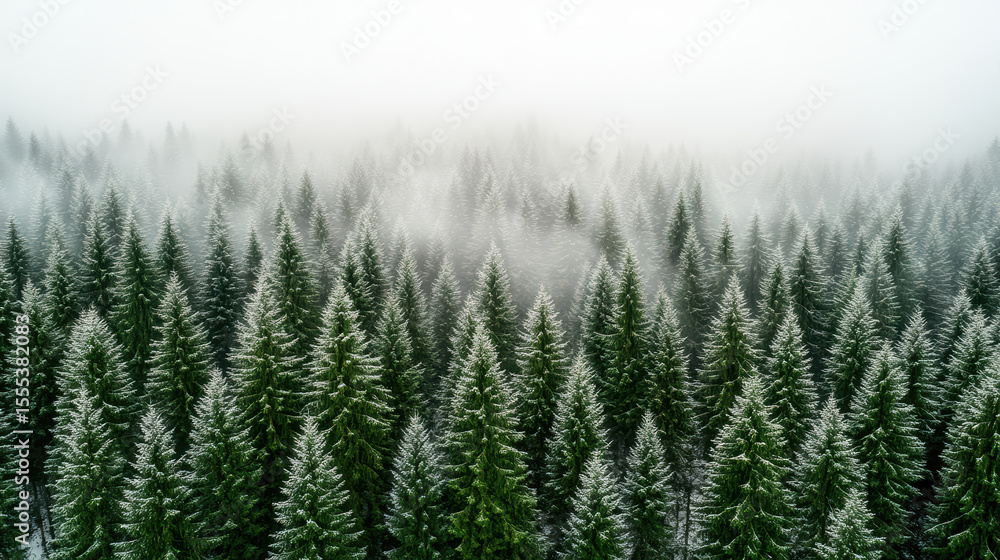 Fototapeta premium Snowy forest landscape with evergreen trees shrouded in mist, creating serene atmosphere