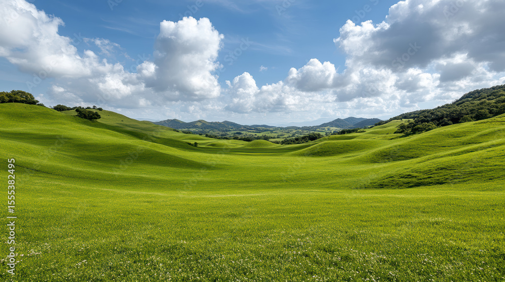 Fototapeta premium Lush green hills stretch under bright blue sky with fluffy clouds, creating serene landscape