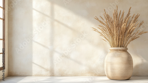 Serene interior scene featuring large, textured vase filled with dried grass, illuminated by