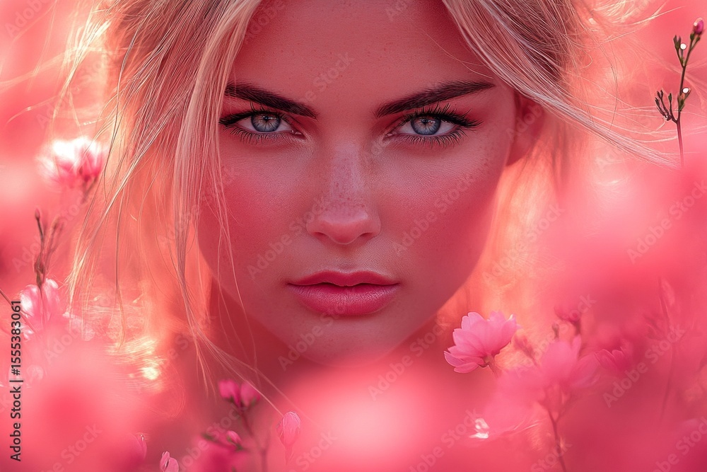 Commercial promotion concept art. Spring mood, soft daylight and fog. Gorgeous caucasian young woman surrounded by cherry blossoms. Spring-inspired woman in cherry blossoms. Commercial promotion concept art. Spring mood, soft daylight and fog. Gorgeous caucasian young woman surrounded by cherry blossoms. Spring-inspired woman in cherry blossoms.