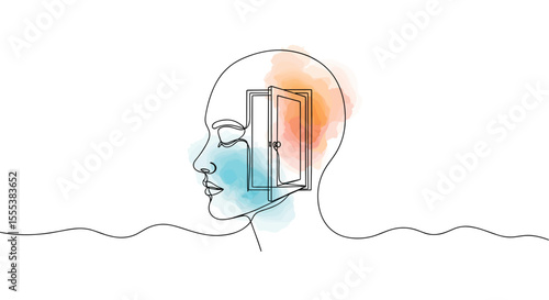 An eye-catching surreal illustration of a human head with an open door, symbolizing new ideas, possibilities, or inner thoughts. One line drawing style with minimalistic vector design 