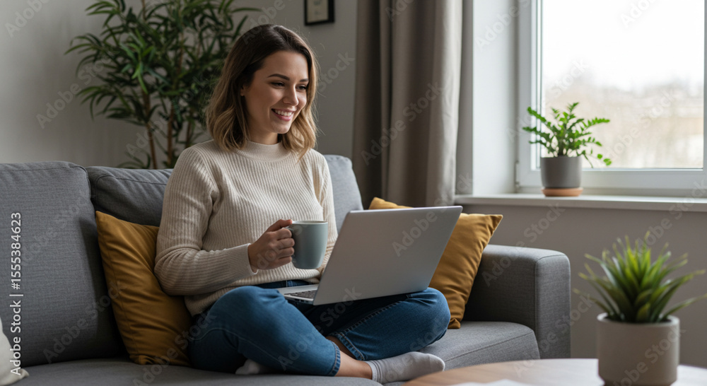 Fototapeta premium Woman relaxing on sofa with laptop
